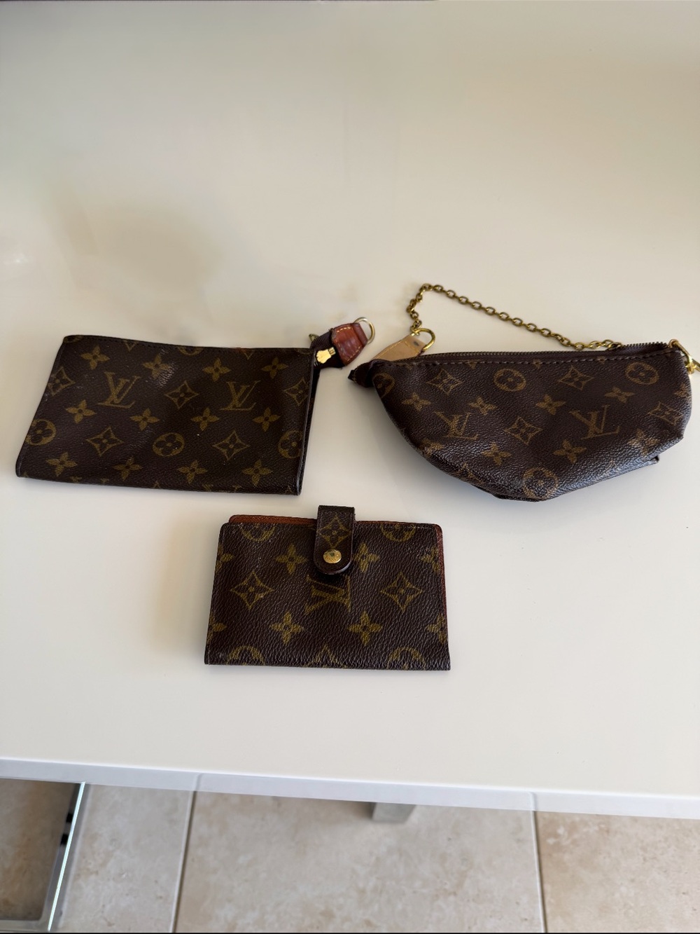 Vintage Authentic Louis Vuitton Monogram Mini Pouch Trio in Brown and Gold